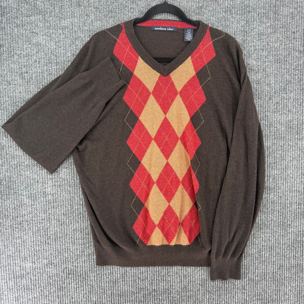 Vintage Northern Isles mens XL brown argyle silk cashmere blend V-Neck sweater